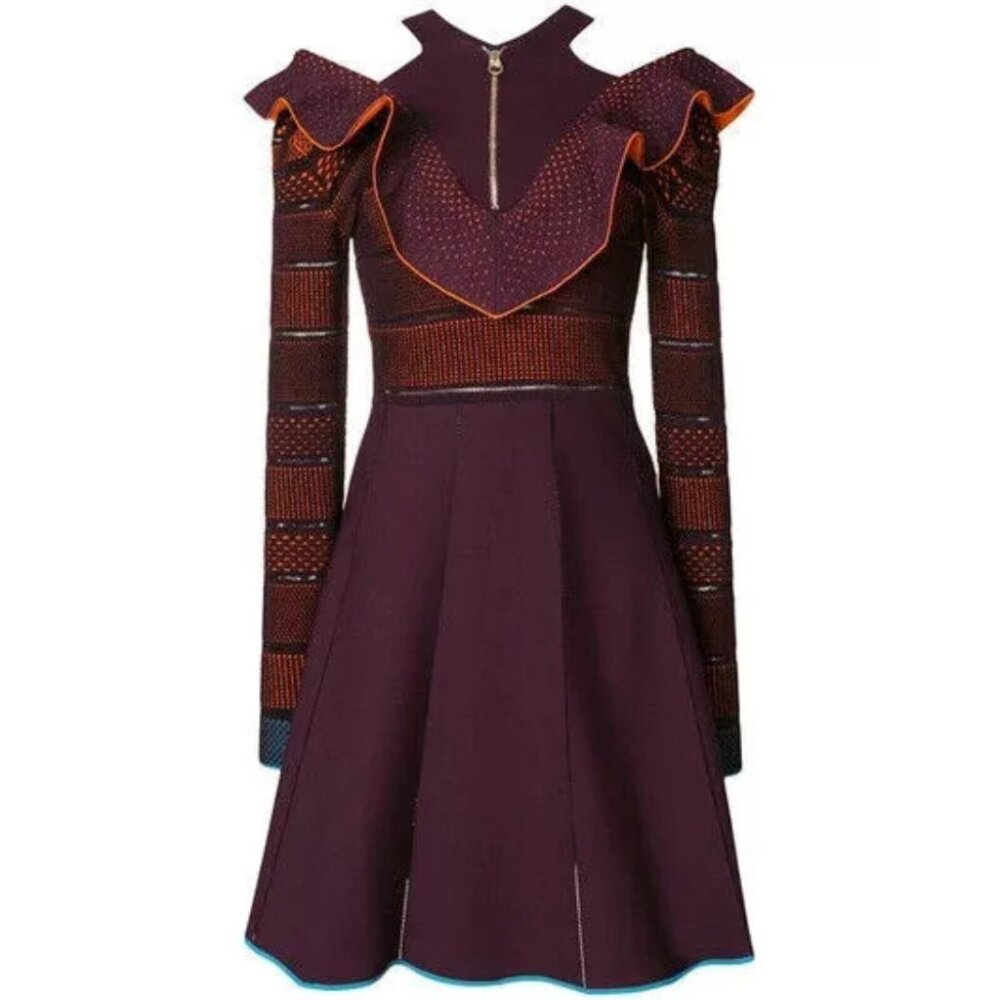 Versace Pre Fall 2017 Ruffle Knit Skater Dress Burgundy Orange Blue Sz 42 A77255